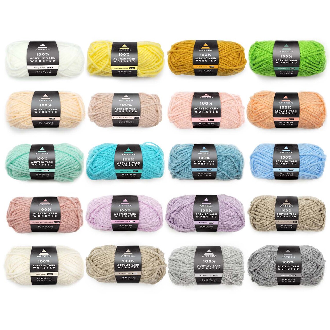Arteza 100% Worsted Acrylic Yarn Multi Pack, Light Colors - Mini Pack of 20